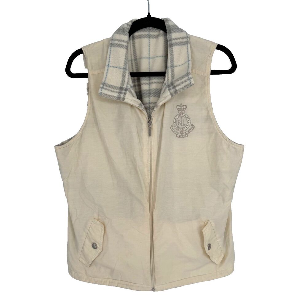 Lauren Ralph Lauren Women’s Reversible Fleece Vest Size L Crest Logo Cream Plaid